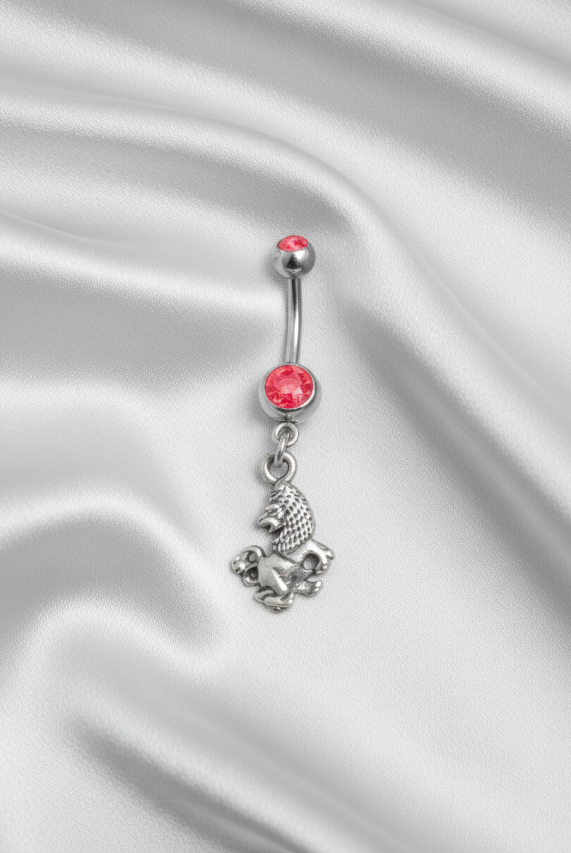 Red Crystal Leo Belly Button Ring in 316l stainless steel.