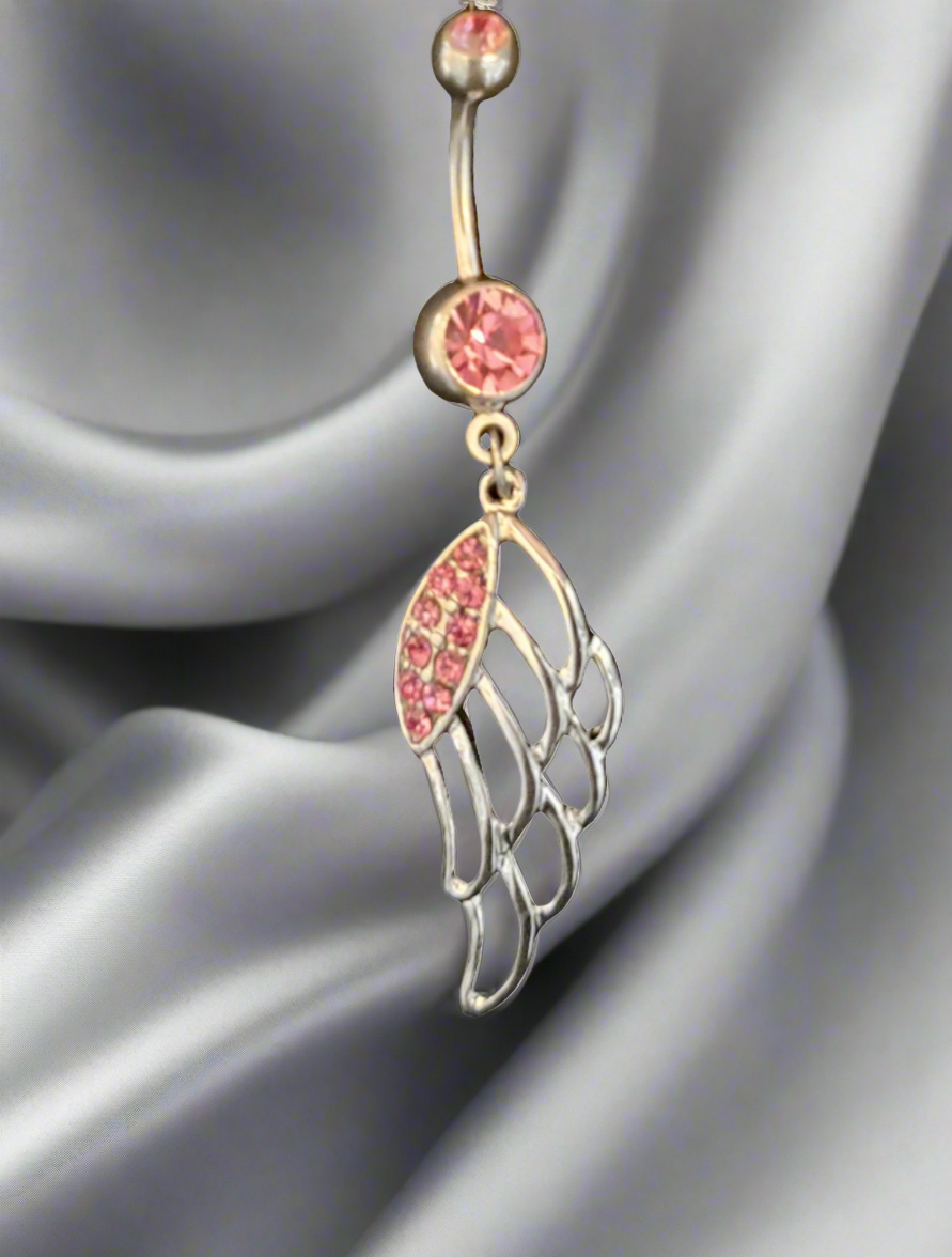 Belly Piercing Stainless Steel 316L with Pink Crystal Dangling Wing