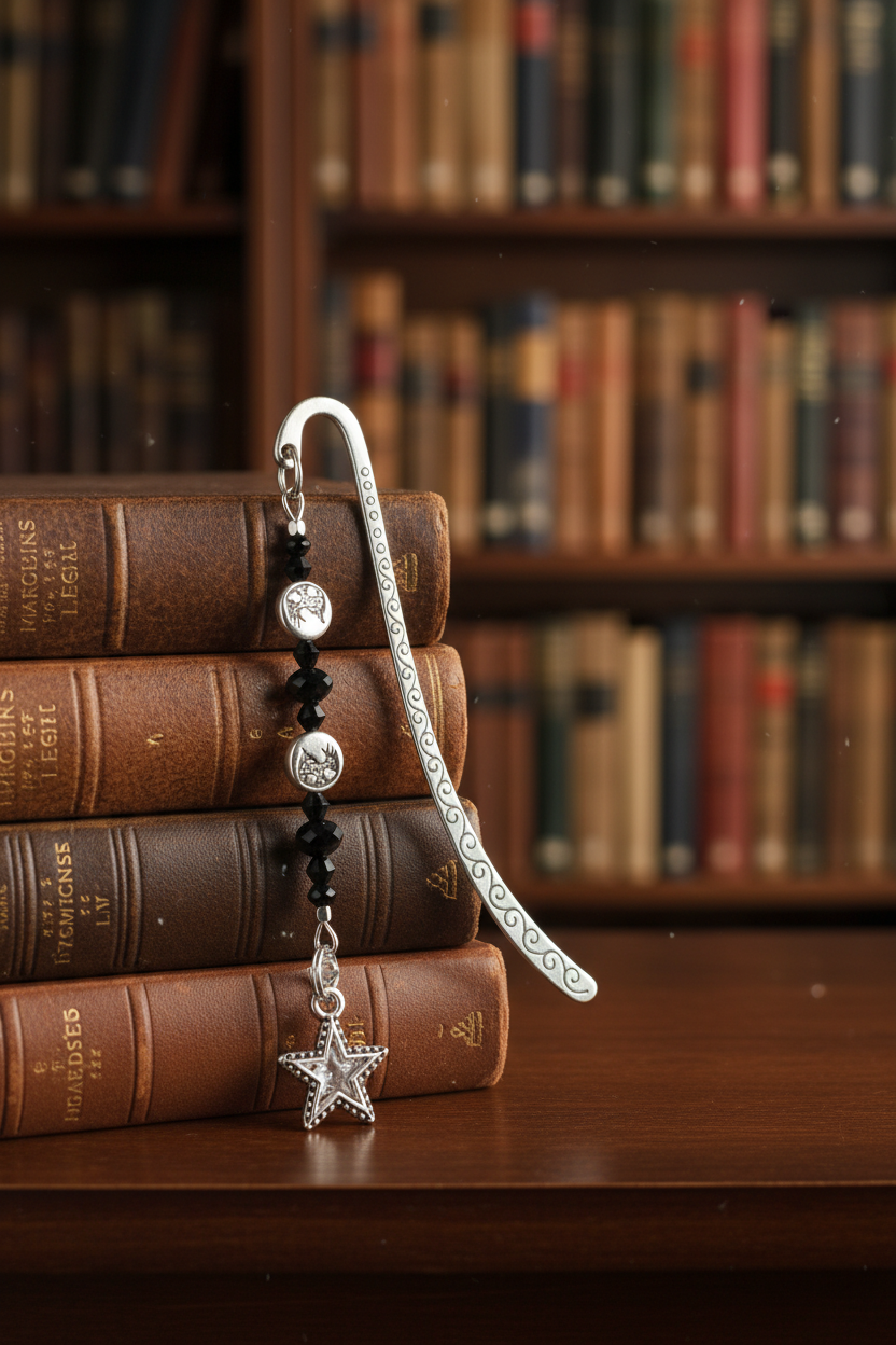 Sun, Moon & Star Handmade Beaded Pewter Bookmark - One of a Kind shown with books in a library setting.