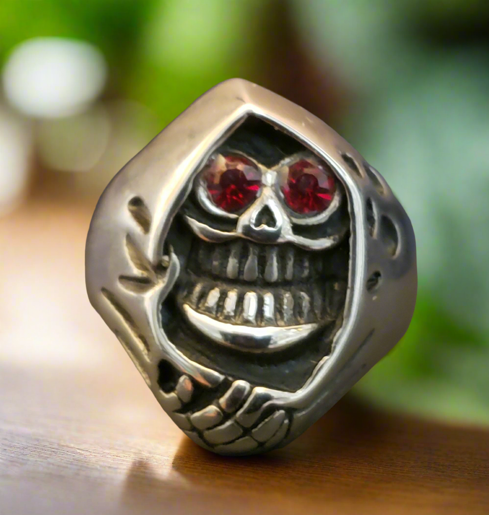 Men's Steel Red Eyed Grim Reaper Ring
