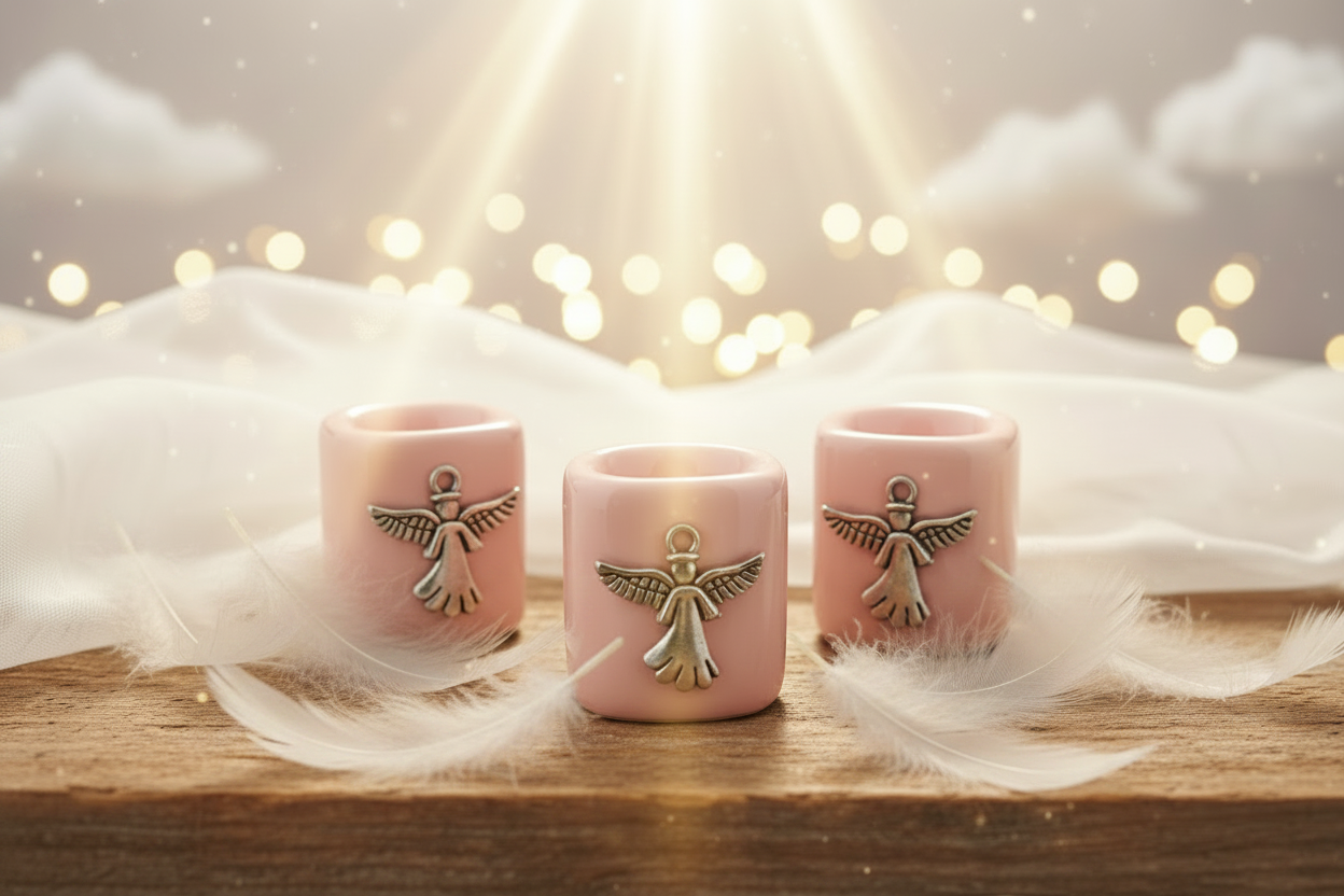 Pink Angel Ceramic Mini Candle Holder Set of Three placed on a wooden table in an angelic setting surrounded by white dove feathers.