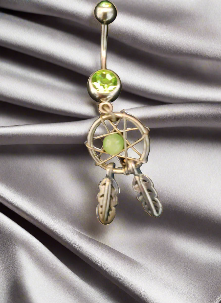Belly Piercing Stainless Steel 316L with Green Dangling Dream Catcher