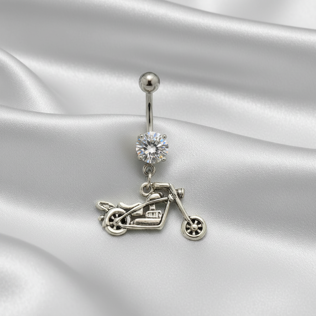 Clear Crystal Motorcycle Belly Button Ring in 316l stainless steel.