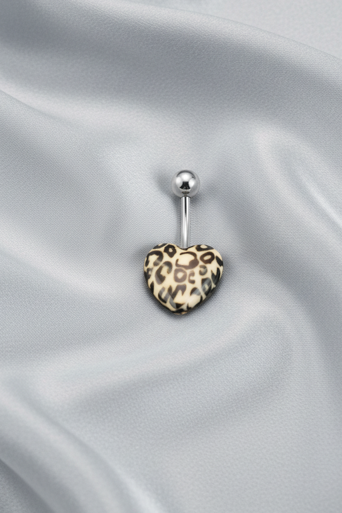 White Leopard Print Heart acrylic belly button ring in 316l stainless steel