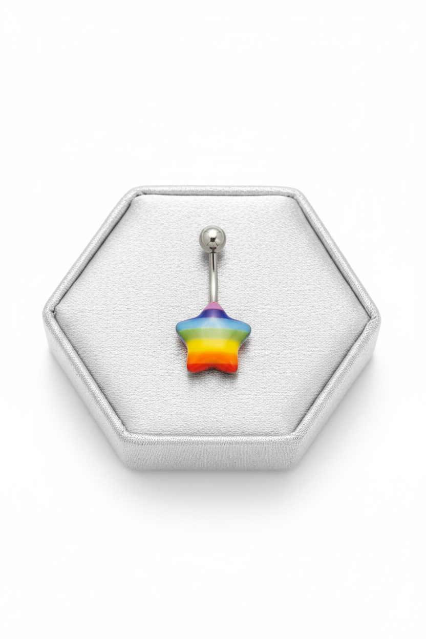 Rainbow Star Acrylic Belly Button Ring in 316l stainless steel on a silver jewelry display.
