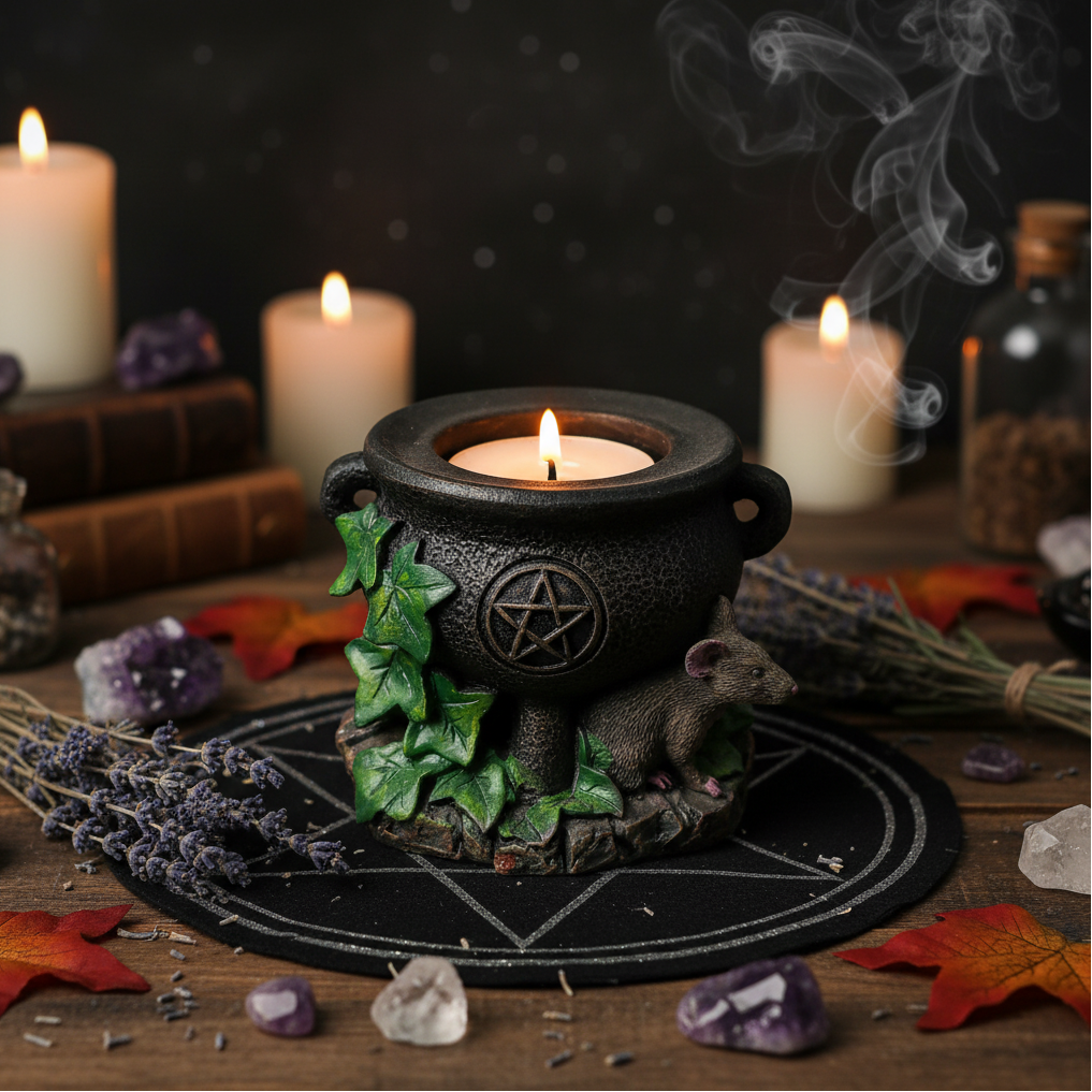 Black Cauldron with Mouse Pentagram Resin Tea Light Candle Holder on a wooden table in a Pagan Setting surrounded by spiritual ritual items with the candle lit showing a warm glow.