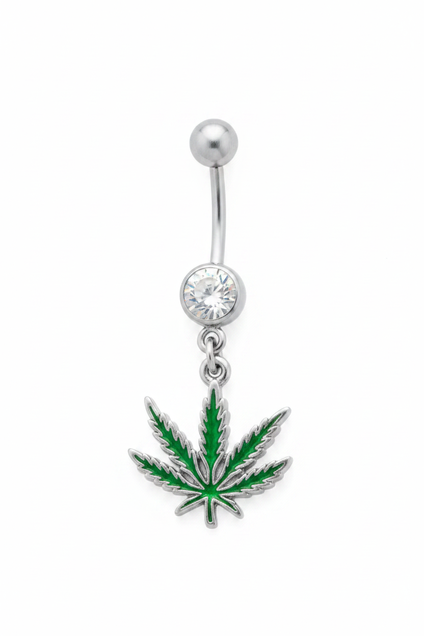 Clear Crystal Sweet Leaf Belly Button Ring in 316l stainless steel.