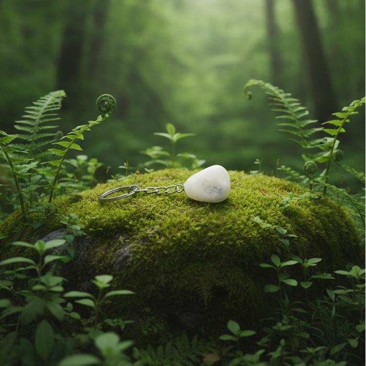 Quartz Natural Earth Stone Handmade Steel Plated Keychain on a mossy stone in the forest surrounded by ferns and foliage in a natural earth setting.