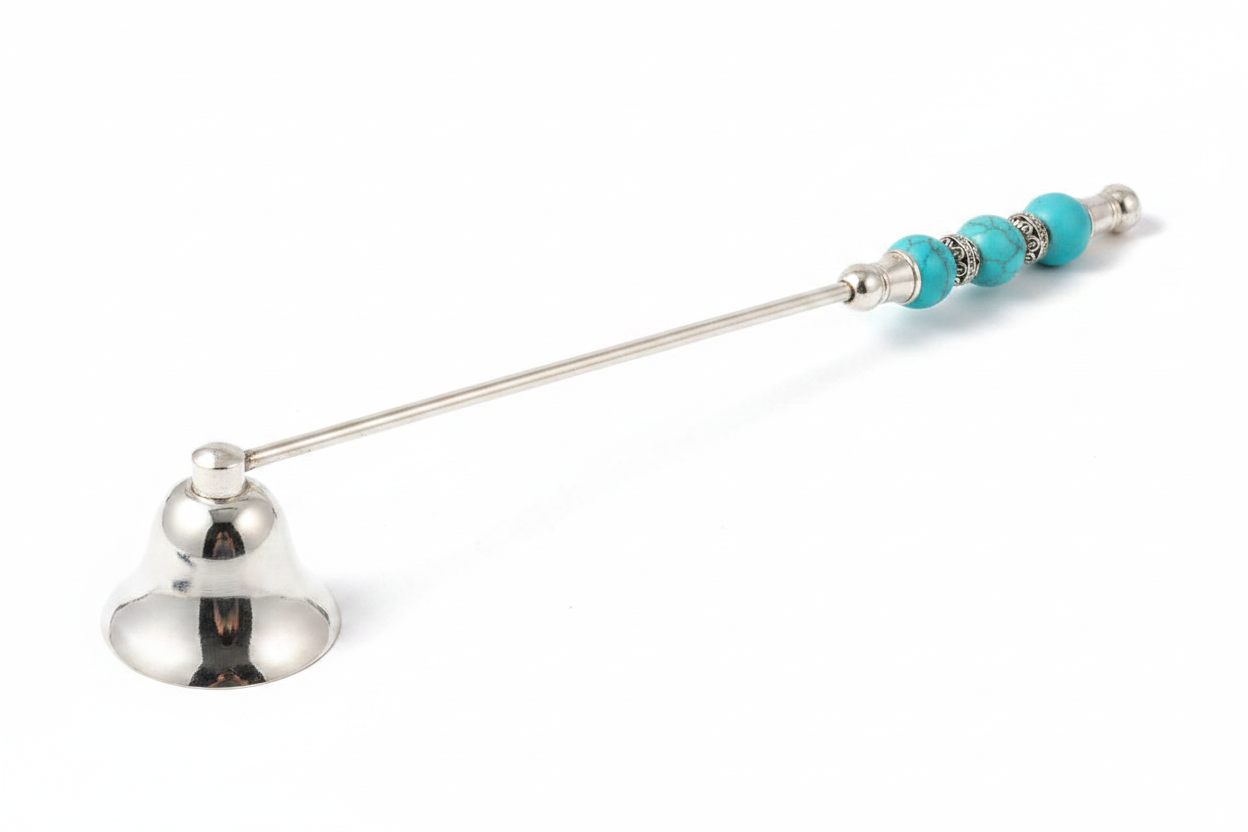 Turquoise Earth Stone Beaded Silver Plated Candle Snuffer on a white background.