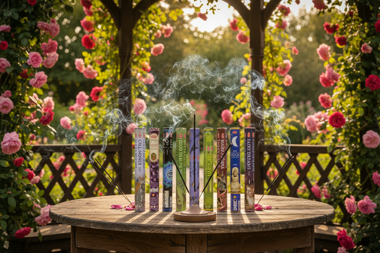 Mystic Prosperity Incense Variety Gift Package on a wooden table in a rose garden gazebo with incense burning and smoke rising.