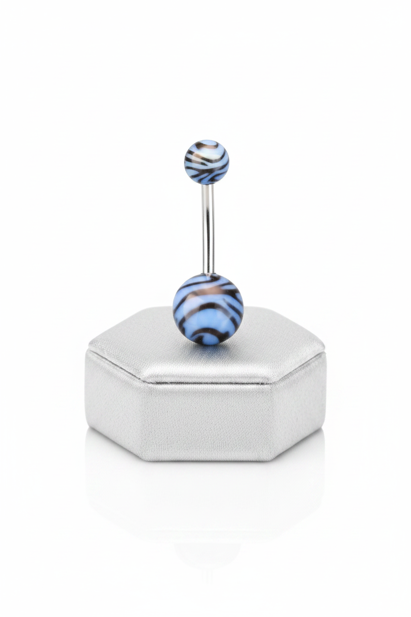 Blue Tiger Striped Acrylic Belly Button Ring in 316l stainless steel on a silver silk jewelry display upright position.
