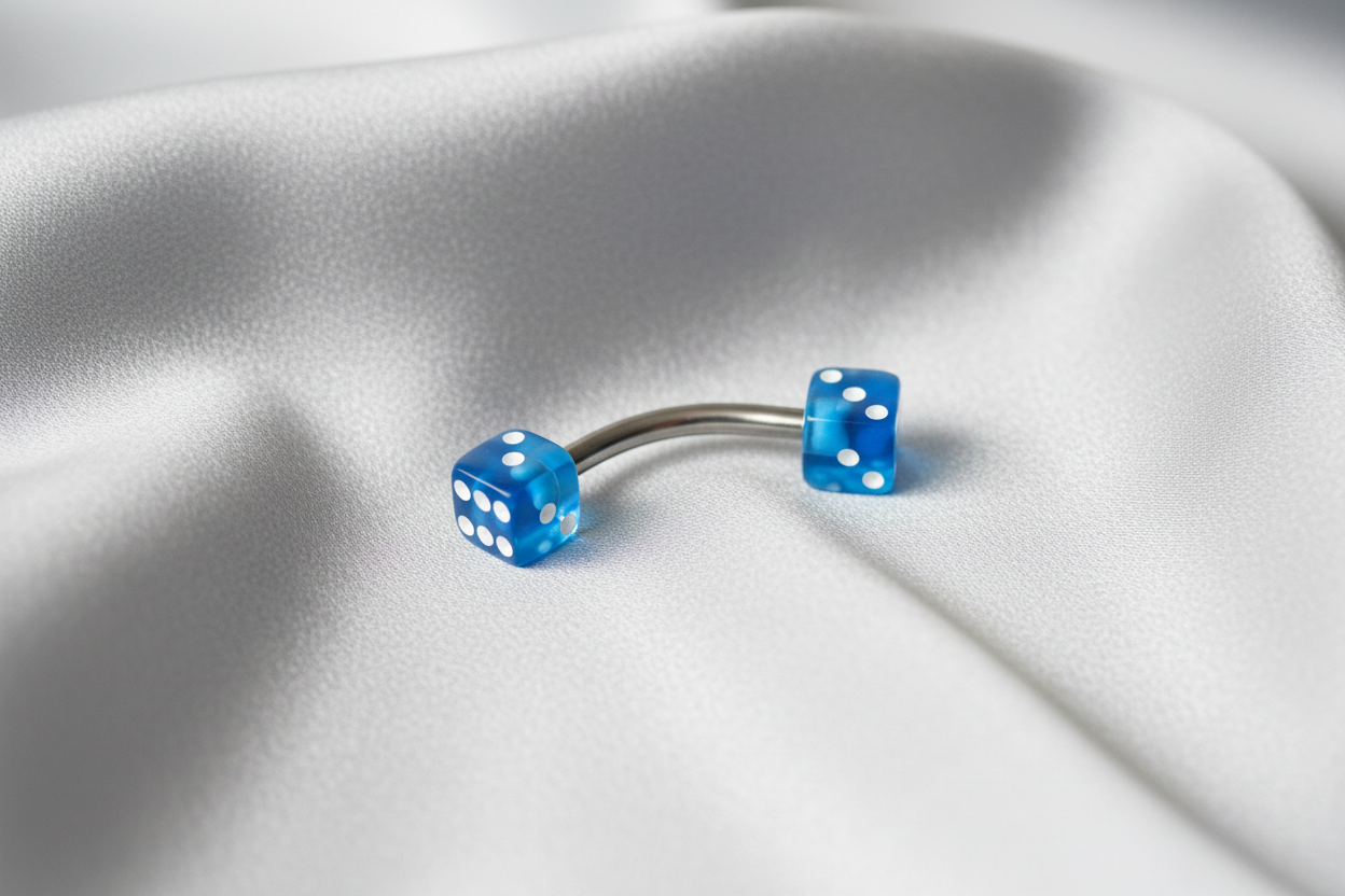 Blue Acrylic Dice Eyebrow Ring in 316l stainless steel.