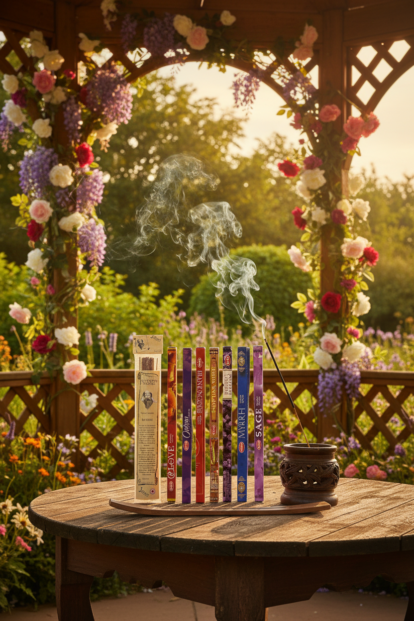 Ancestral Essence Incense Variety Gift Package on a wooden table in a rose garden gazebo with incense burning and smoke rising.