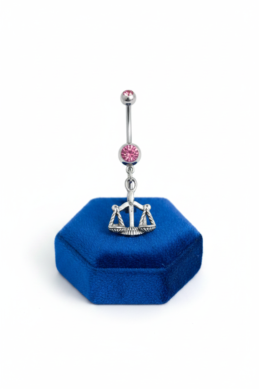 Pink Crystal Libra Belly Button Ring in 316l stainless steel on a blue velvet jewelry display.