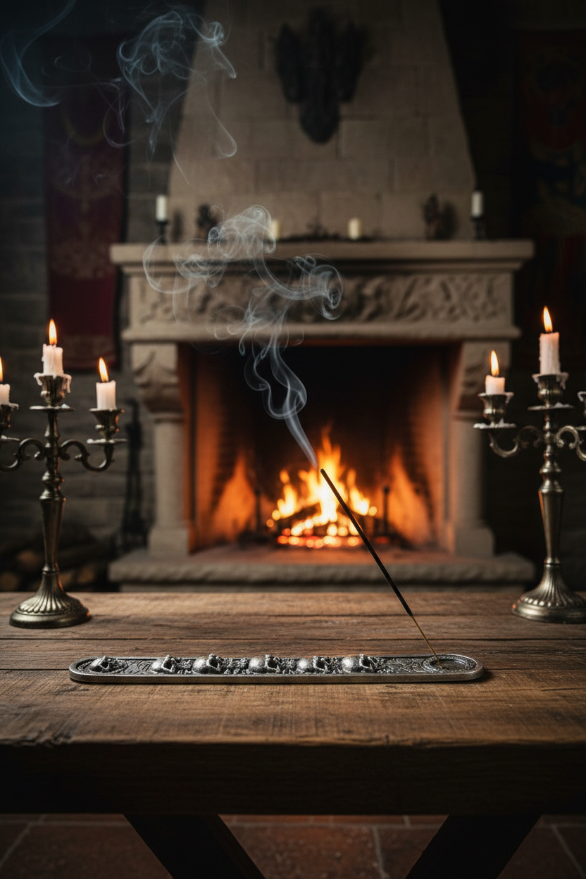 Skull and Bones Resin Incense Holder - Free Incense on a wooden table in front of a fireplace in a medieval castle setting with incense burning and smoke rising.
