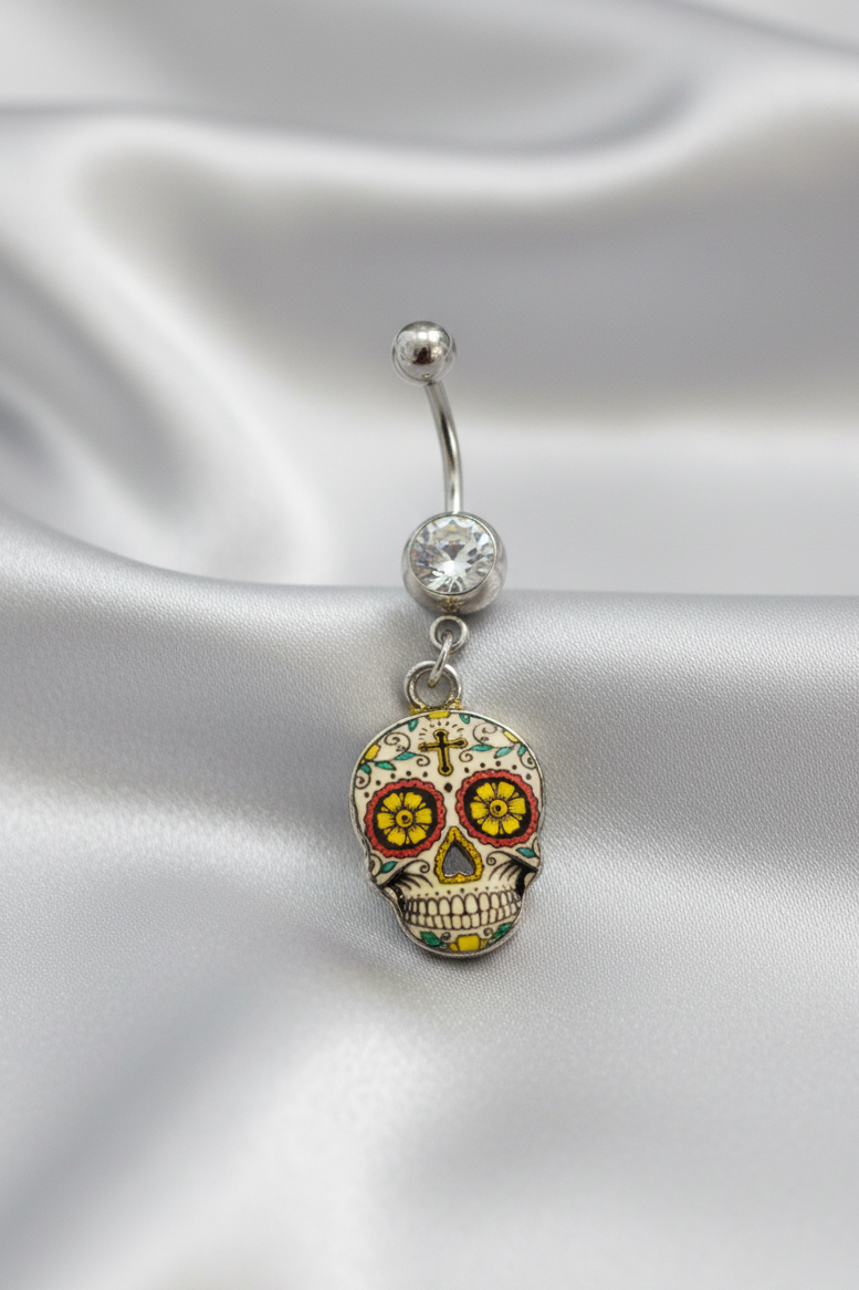 Clear Crystal Sugar Skull Belly Button Ring in 316l stainless steel.