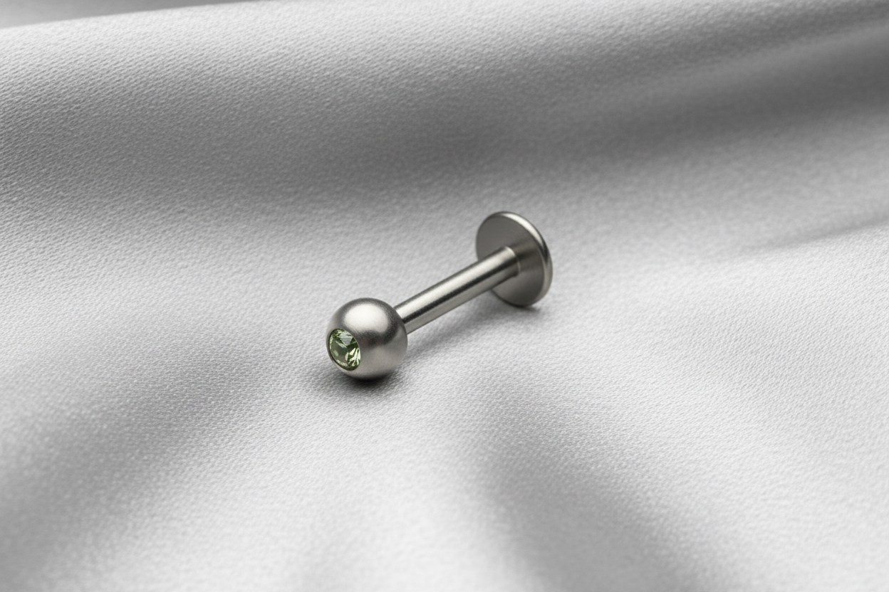 Green Peridot Crystal Labret Lip Ring - 316L Stainless Steel.