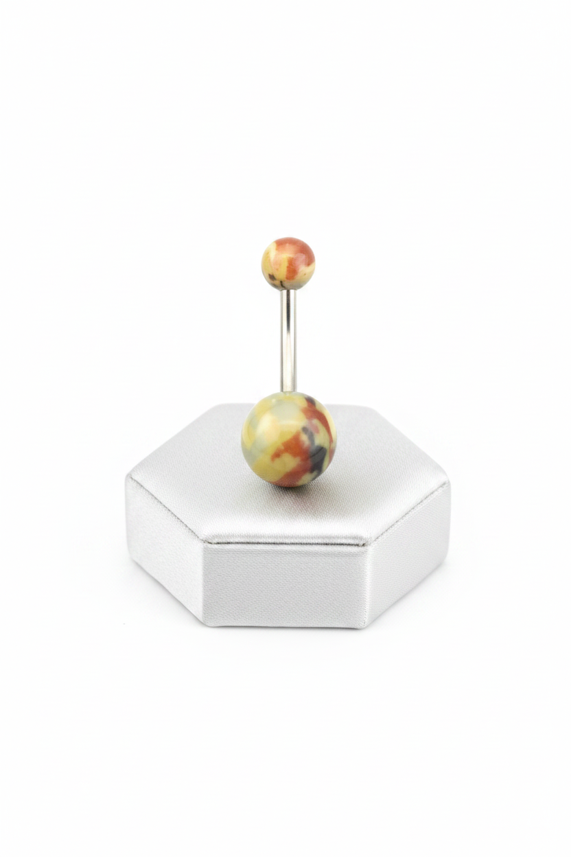 Green & Brown Camouflage Acrylic Belly Button Ring in 316l stainless steel on a silver jewelry display upright position.