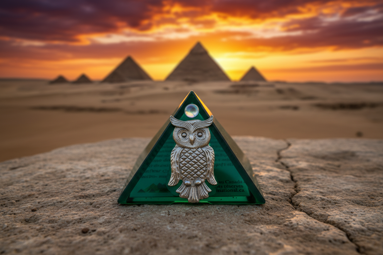 Green Owl Mini Glass Pyramid Keepsake Box on a stone surface with Giza plateau in the background.