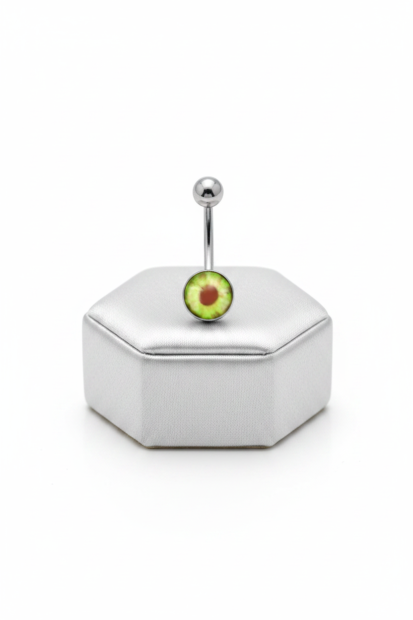 Green Eyeball Belly Button Ring in 316l stainless steel on a silver jewelry display upright position.