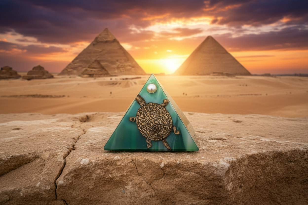 Green Turtle Mini Glass Pyramid Keepsake Box on a stone surface with the Giza Plateau in the background.