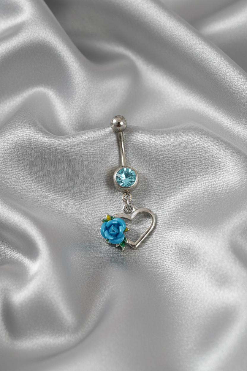 Aqua Crystal Rose Heart Belly Button Ring in 316l stainless steel.