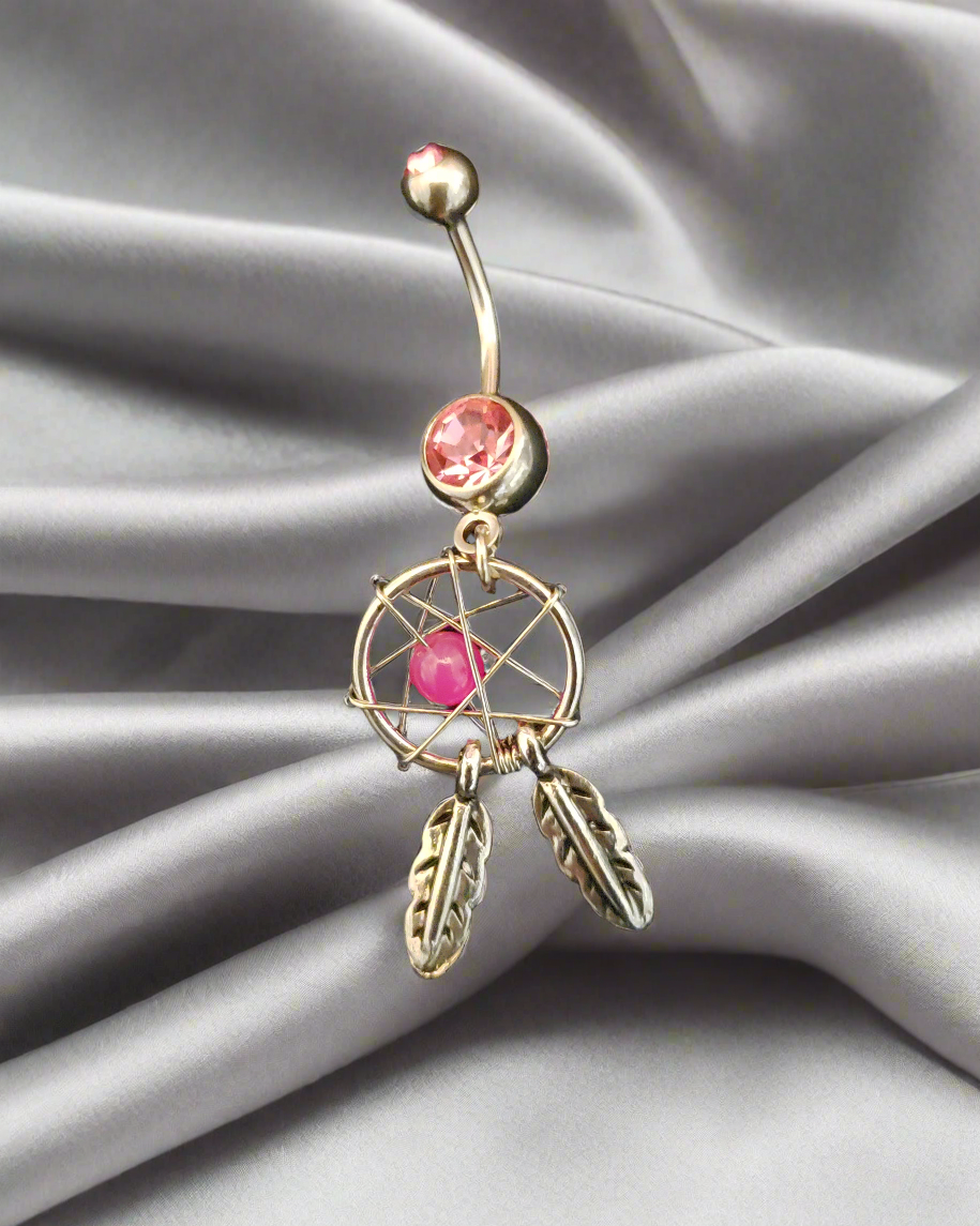 Belly Piercing Stainless Steel 316L with Pink Dangling Dream Catcher