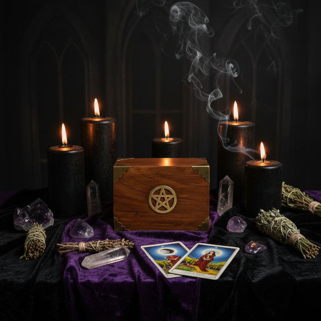 Brass Pentacle Wooden Keepsake Box in a personal mystic sacred space.