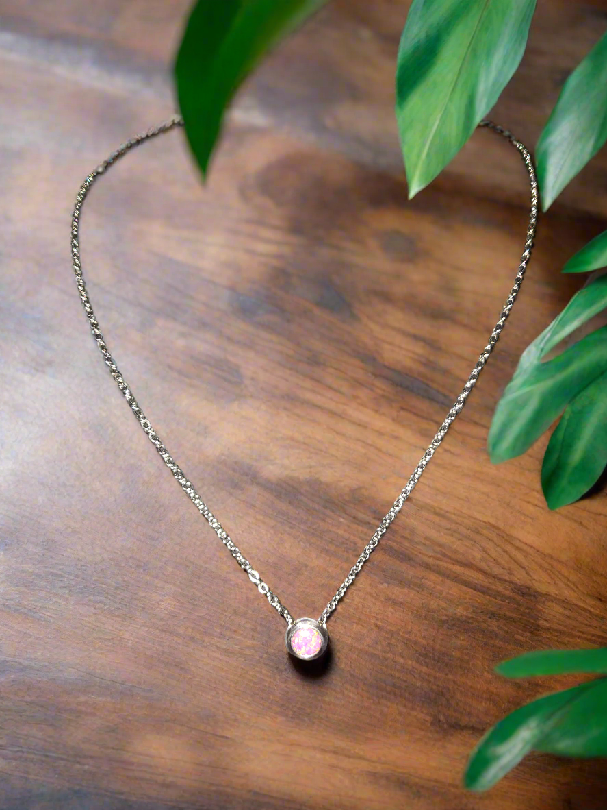 Stainless Steel Chain with Pink Opal Pendant