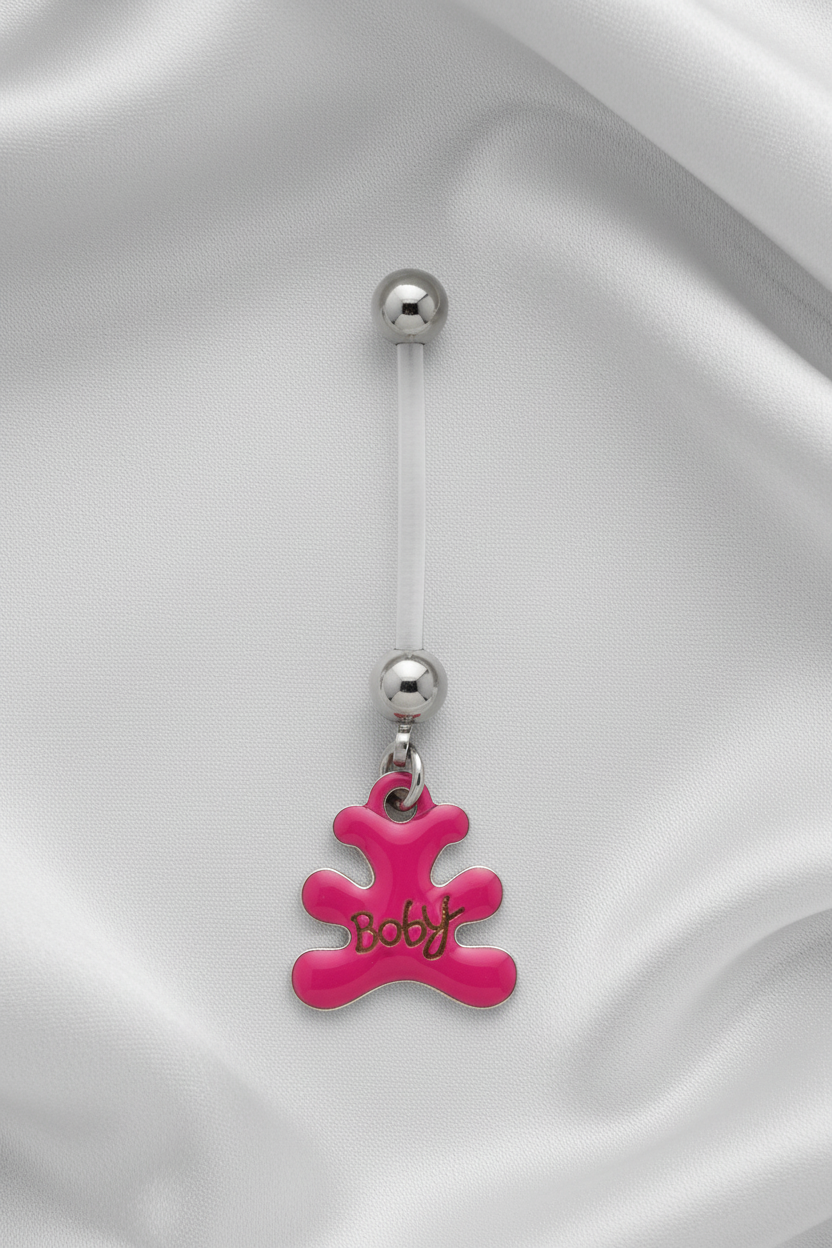 Pink Baby Bear Acrylic Pregnancy Belly Button Ring in 316l stainless steel.