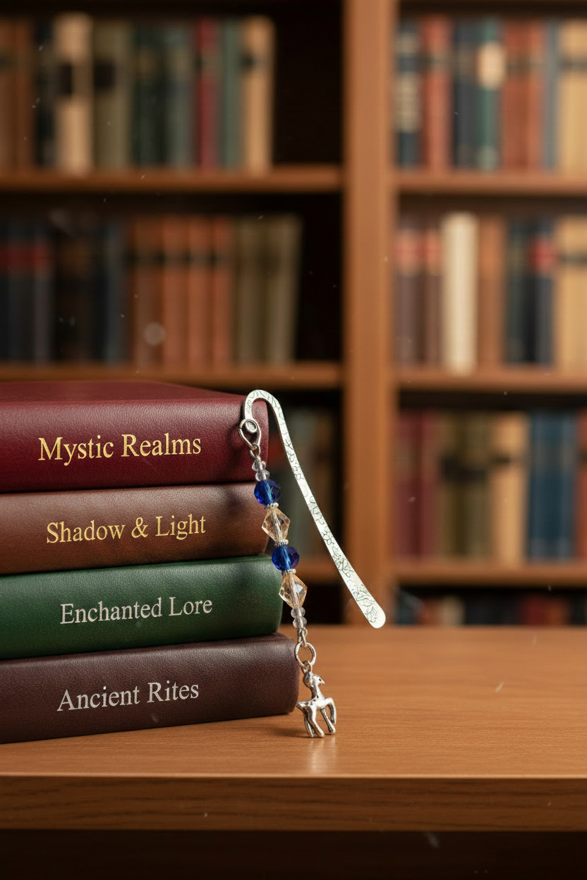 Stag of the Forest Handmade Beaded Silver Plated Bookmark - One of a Kind shown with books in a library setting.