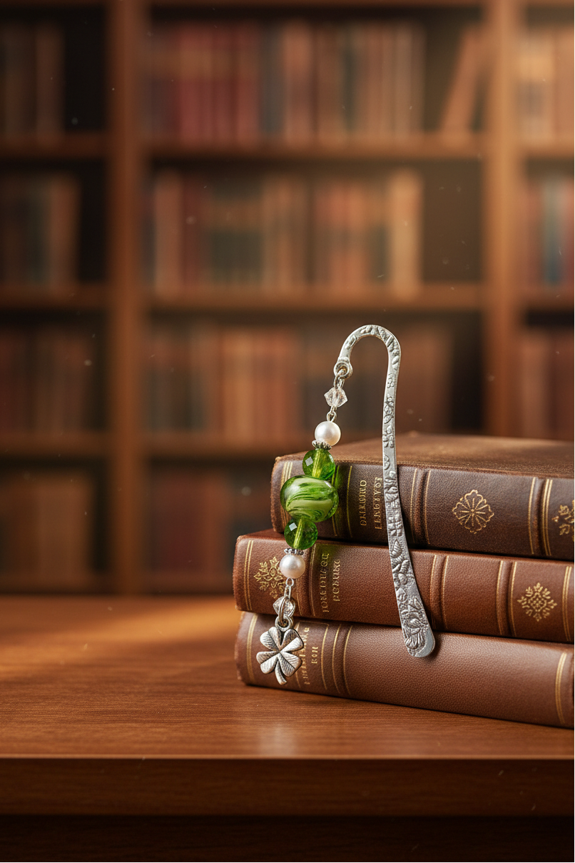 Lucky Clover Handmade Beaded Silver Plated Bookmark - One of a Kind shown with books in a library setting.