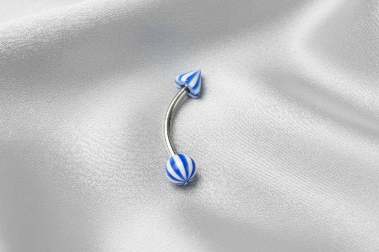 Blue and White Striped Acrylic Eyebrow Ring in 316l stainless steel.