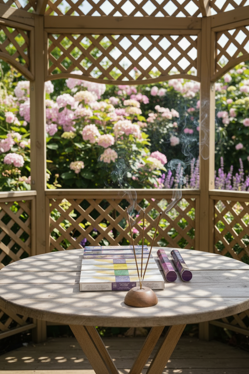 Mystic Angels Incense Variety Gift Package on a wooden table in a rose garden gazebo with incense burning and smoke rising.