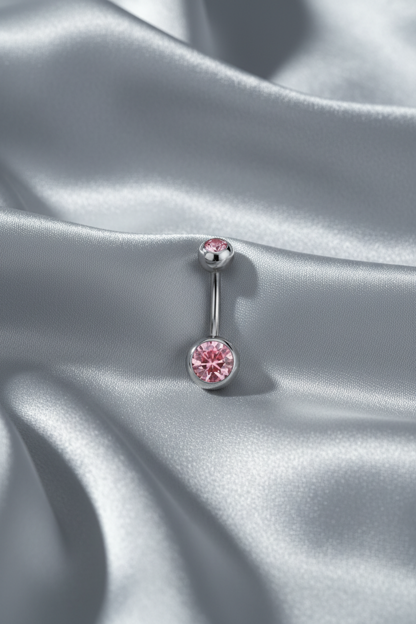 Pink Crystal Belly Button Ring - 316L Stainless Steel