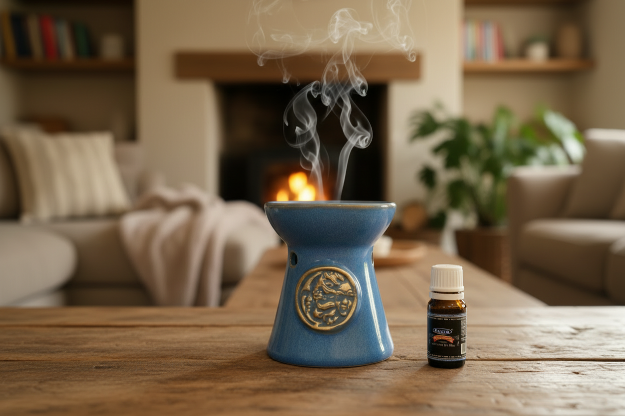 Blue Moon Ceramic Tea Light Essential Oil Warmer burning on a coffee table in a cozy living room with smoke rising shown with free Satya Superhit essential oil.