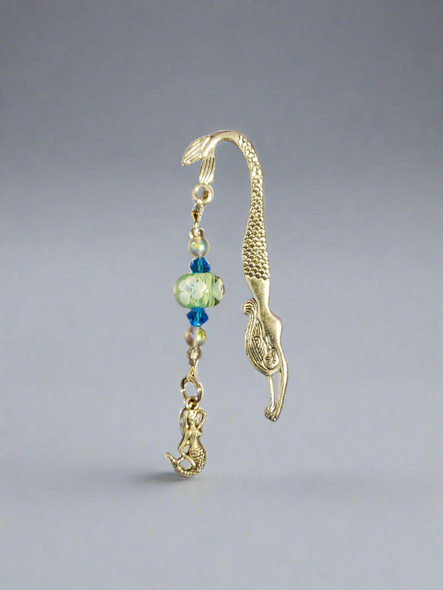 Handmade Aqua Mermaid Bookmark with Mermaid Charm