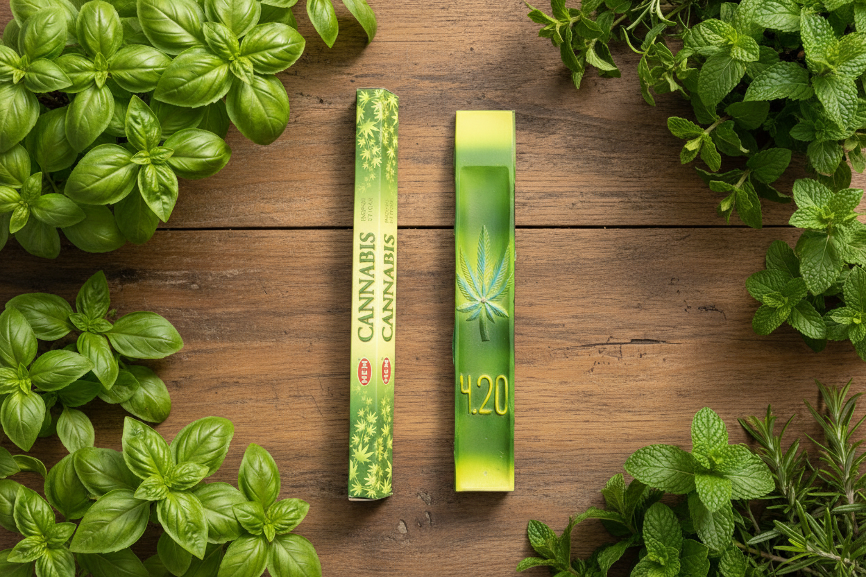 420 Green Leaf Incense Burner - Free Incense on a wooden table in an herb garden shown with free Hem hemp incense.