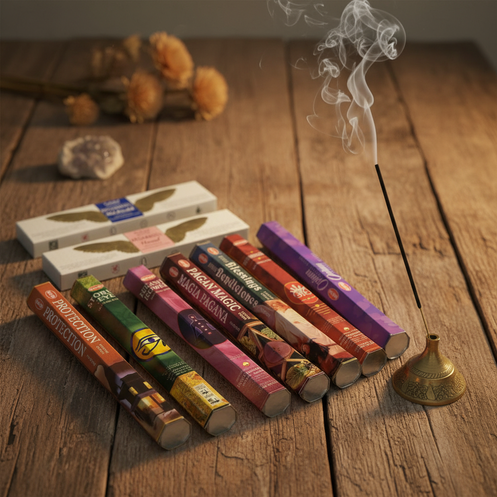 Angelic Blessings Incense Variety Gift Package on a rustic wooden table with incense burning and smoke rising.