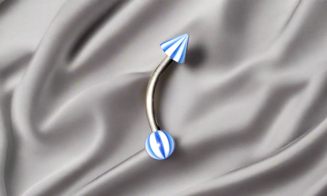 Steel Eye Brow Piercing with Blue Striped Acrylic Ball & Spike Ends