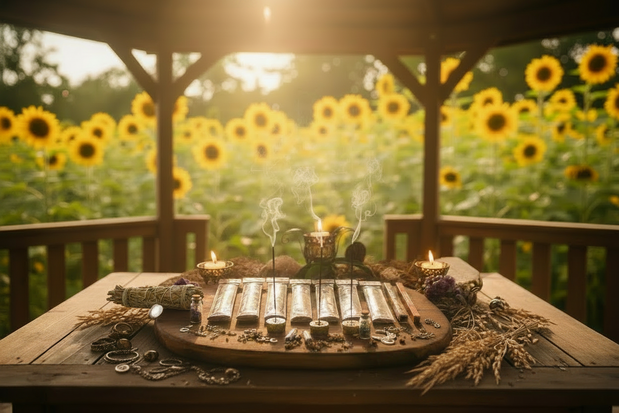 Ancient Rituals Incense Variety Gift Package on a wooden table in a sunflower garden gazebo with incense burning and smoke rising.