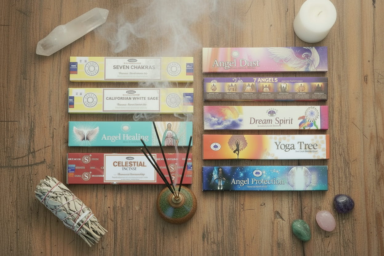 Angelic Empowerment Incense Variety Gift Package on a wooden table surrounded by spiritual items with incense burning and smoke rising.