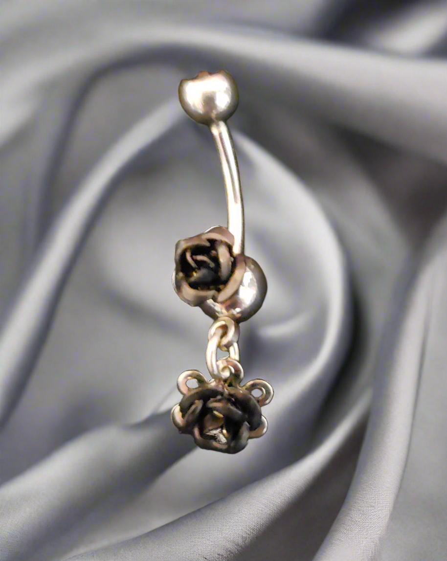 Belly Piercing Stainless Steel 316L with Dangling Black Rose