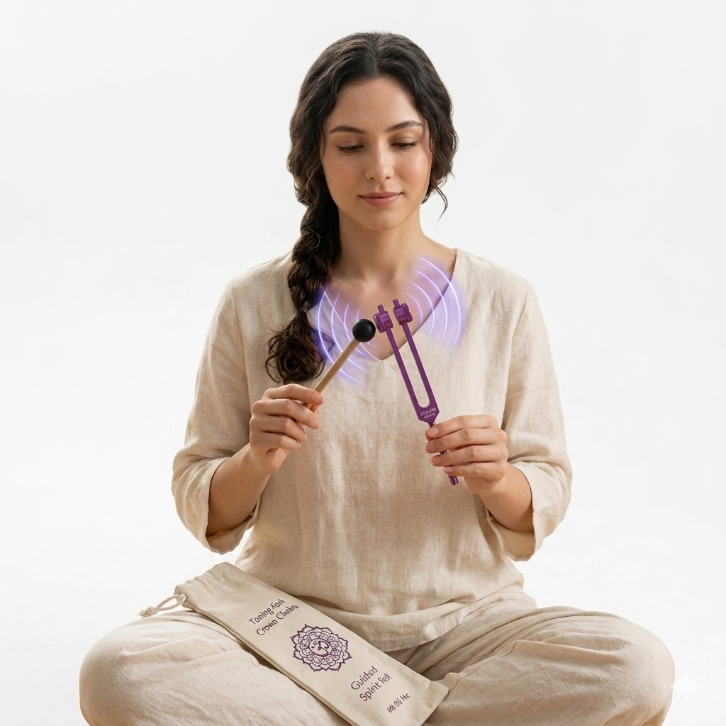 Purple Chakra Aluminum Tuning Fork with Silencers 172.06 Hz being stuck by a female model seated in the lotus position with sound waves showing.