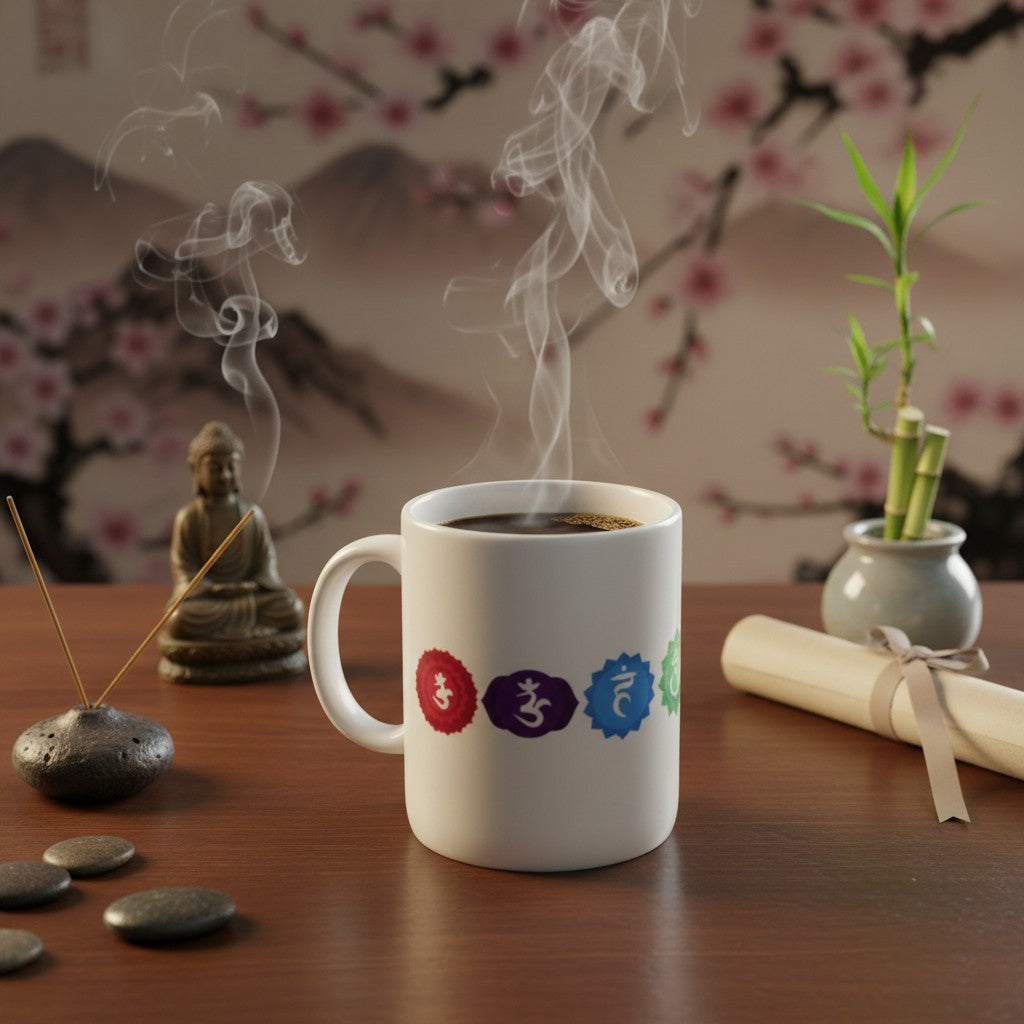 Seven Chakra Symbols White Ceramic Spiritual Coffee Mug in an Oriental sacred setting filled with coffee with vapor rising from the cup.