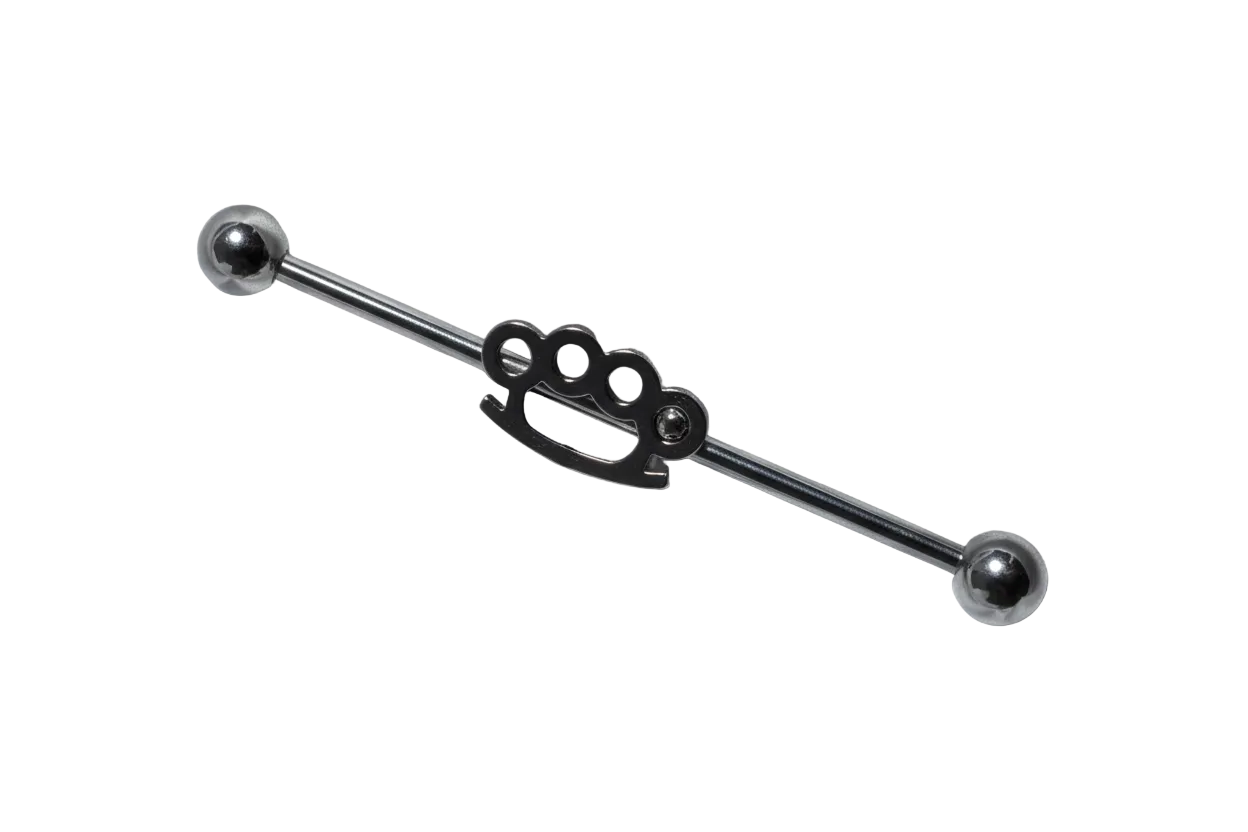 Brass Knuckles Industrial Ear Barbell in 316l stainless steel close up detail