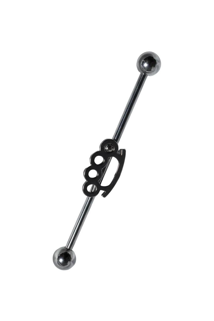 Brass Knuckles Industrial Ear Barbell in 316l stainless steel vertical left view