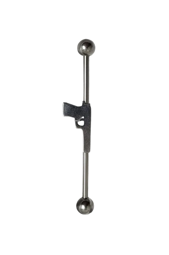 Handgun Industrial Ear Barbell  in 316l stainless steel left side view