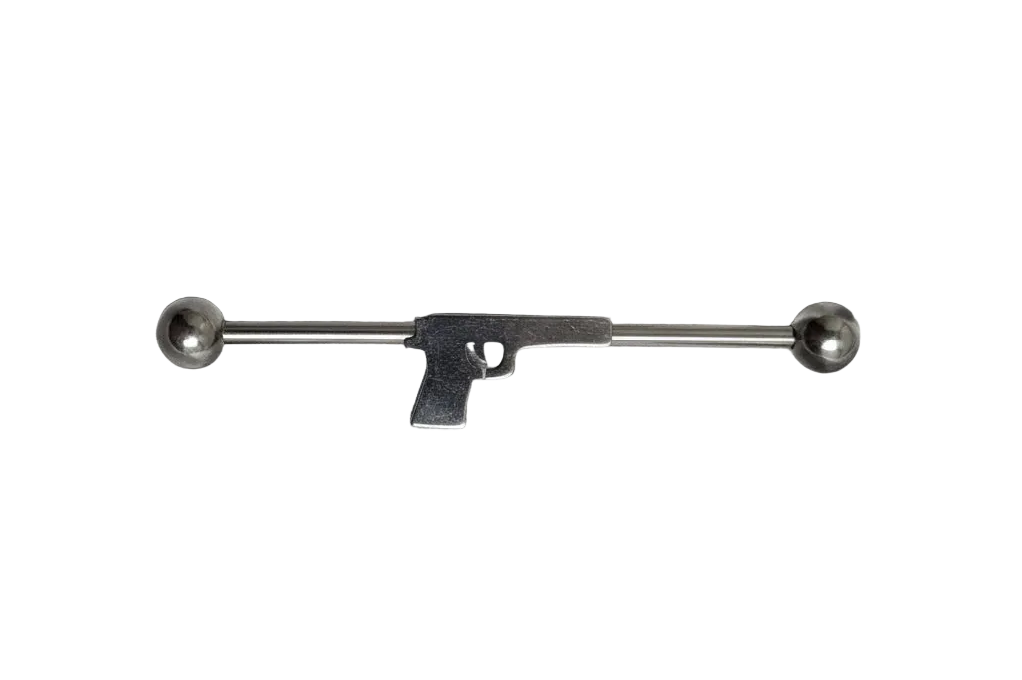 Handgun Industrial Ear Barbell  in 316l stainless steel close up detail
