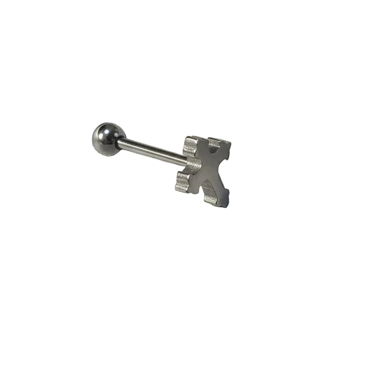 Medieval Cross tongue barbell in 316l stainless steel close up detail